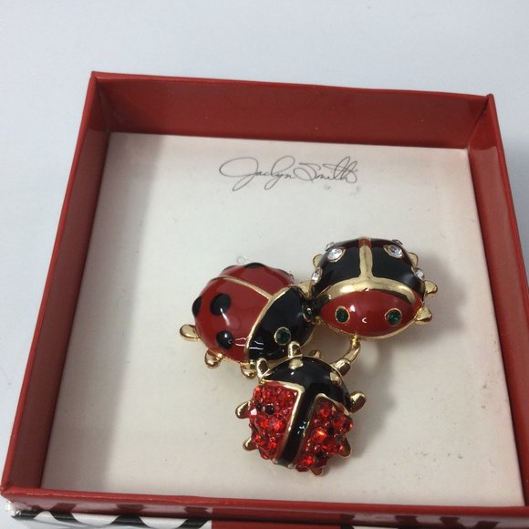 Jaclyn Smith Jewelry Brooch Ladybugs Red Black Gold Rhinestones Enameled - Picture 1 of 3